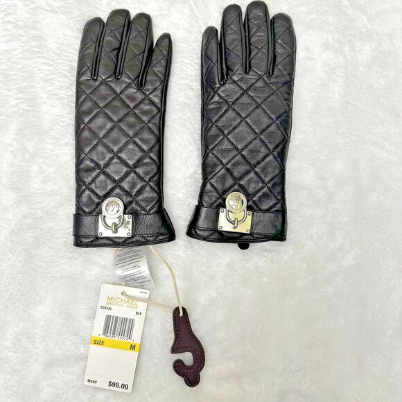 Michael Kors Quilted Leather Hamilton Lock Black Leather Quilted Gloves Sz M - Picture 1 of 7